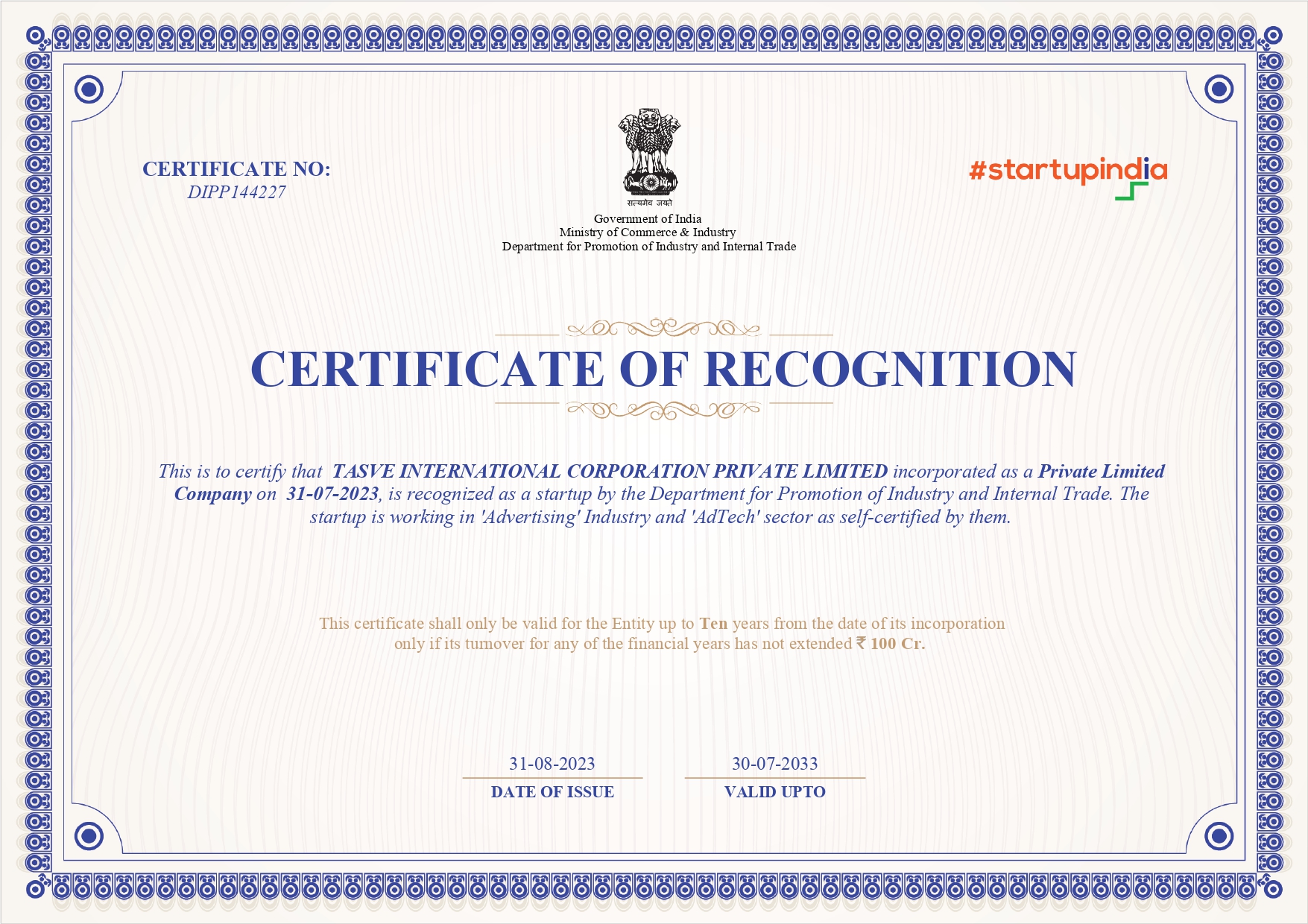 TASVE STARTUP INDIA RECOGNITION CERTIFICATE_page-0001