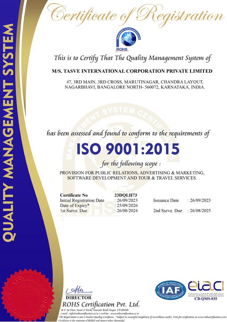 TASVE INTERNATIONAL CORPORATION PRIVATE LIMITED - ISO CERTIFICATE